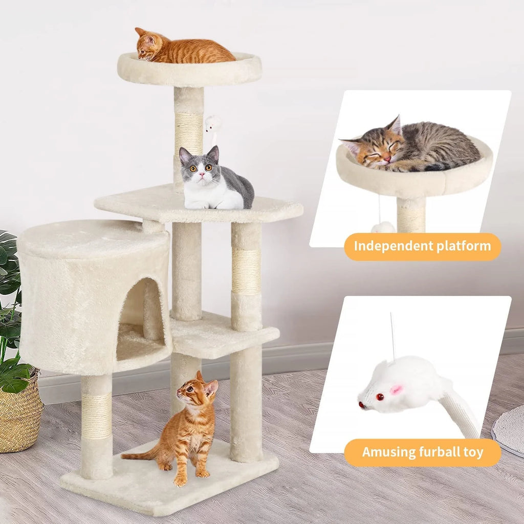 36" Tall Cat Tree Tower & Condo – Multi-Level Cat Climbing Tree with Cozy Condo, Beige
