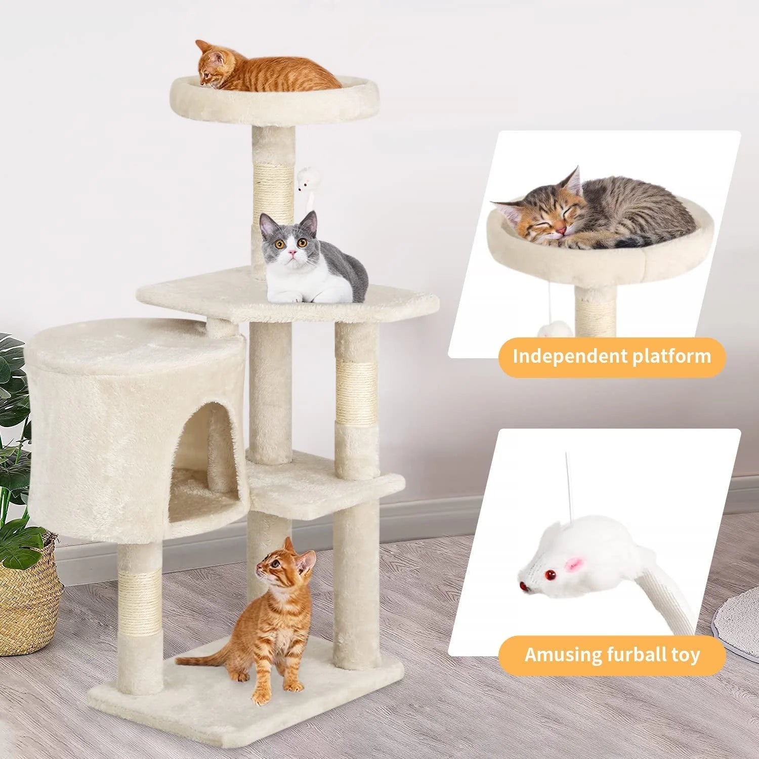 36" Tall Cat Tree Tower & Condo – Multi-Level Cat Climbing Tree with Cozy Condo, Beige