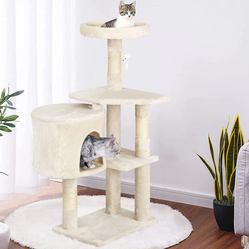 36" Tall Cat Tree Tower & Condo – Multi-Level Cat Climbing Tree with Cozy Condo, Beige
