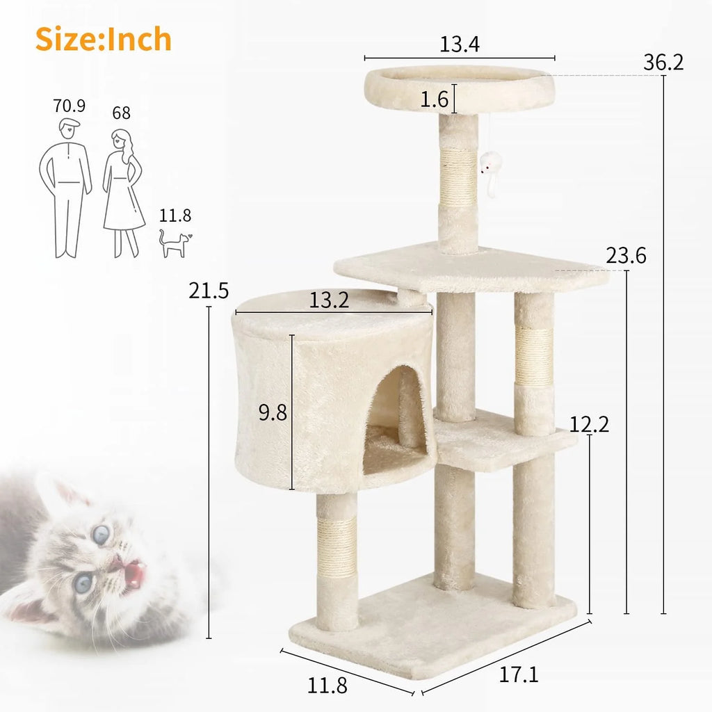 36" Tall Cat Tree Tower & Condo – Multi-Level Cat Climbing Tree with Cozy Condo, Beige