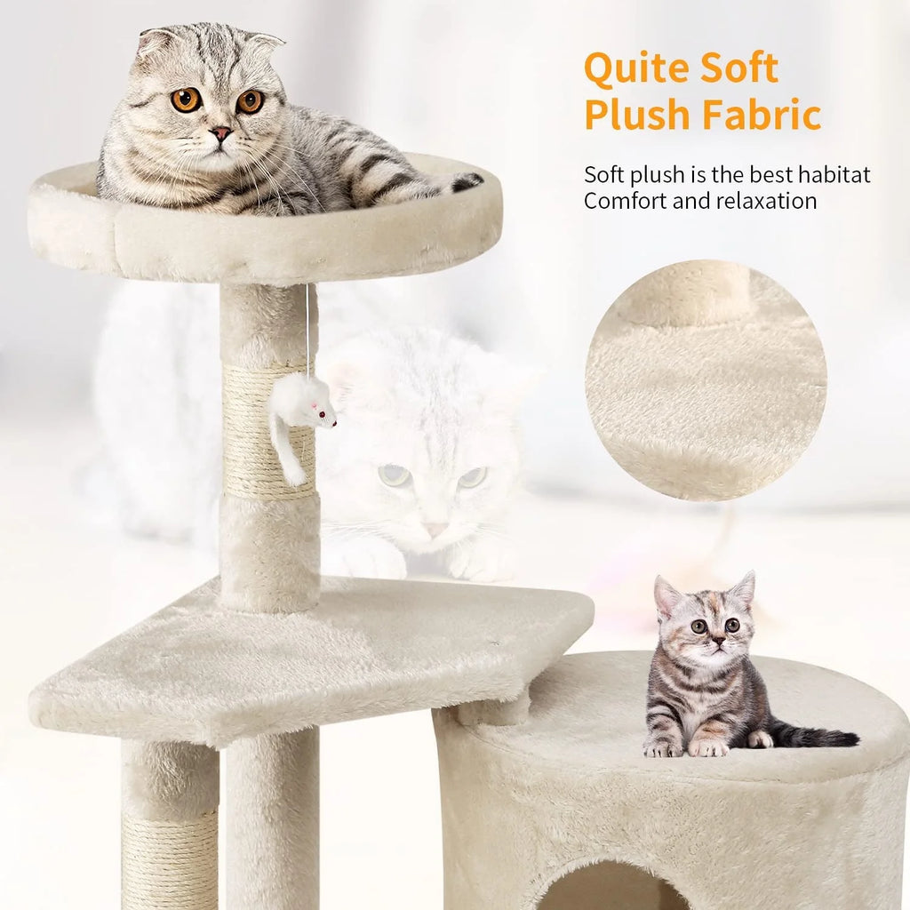 36" Tall Cat Tree Tower & Condo – Multi-Level Cat Climbing Tree with Cozy Condo, Beige